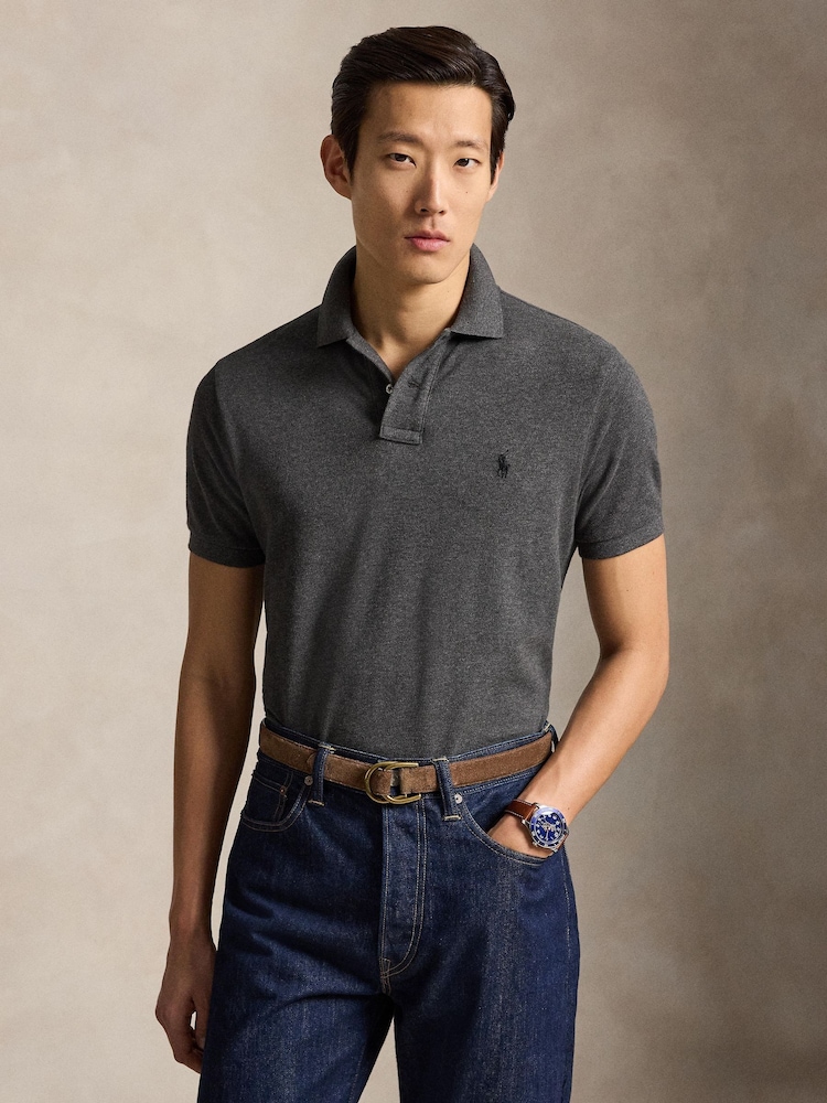 Polo Ralph Lauren Grey Custom Fit Mesh Pique Polo Shirt - Image 1 of 5