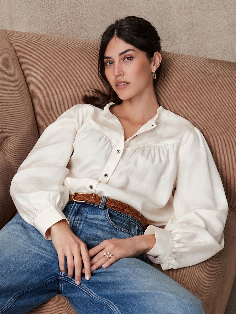 Ecru Washed Ruffle Neck Long Sleeve Blouse - Image 1 of 12 Ecru Washed Ruffle Neck Long Sleeve Blouse - Image 1 of 12