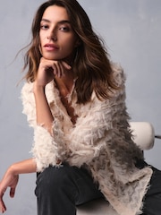 Ecru - Washed Volănașe Neck Mânecă lungă Bluze - Imaginea 9 din 12