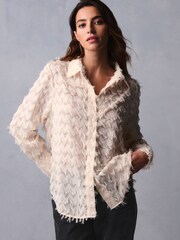 Ecru - Washed Volănașe Neck Mânecă lungă Bluze - Imaginea 10 din 12