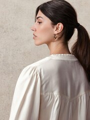 Ecru - Washed Volănașe Neck Mânecă lungă Bluze - Imaginea 6 din 12