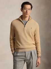 Polo Ralph Lauren Brown Mesh Knit Cotton Quarter Zip Jumper - Image 1 of 5