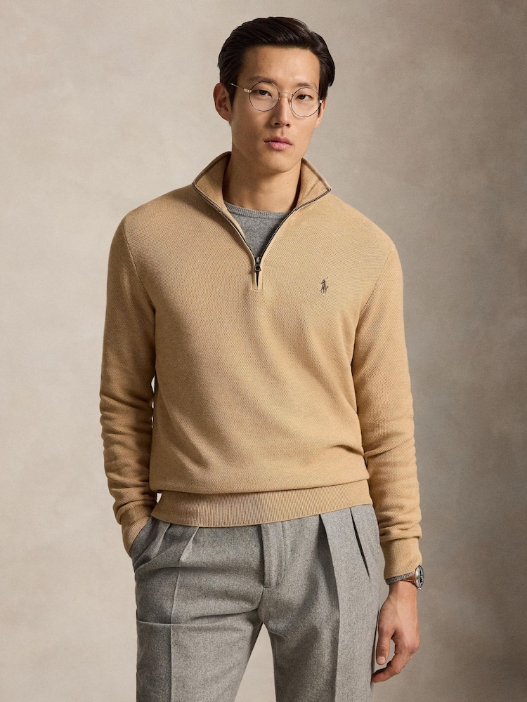 Polo Ralph Lauren Brown Mesh Knit Cotton Quarter Zip Jumper - Image 1 of 5