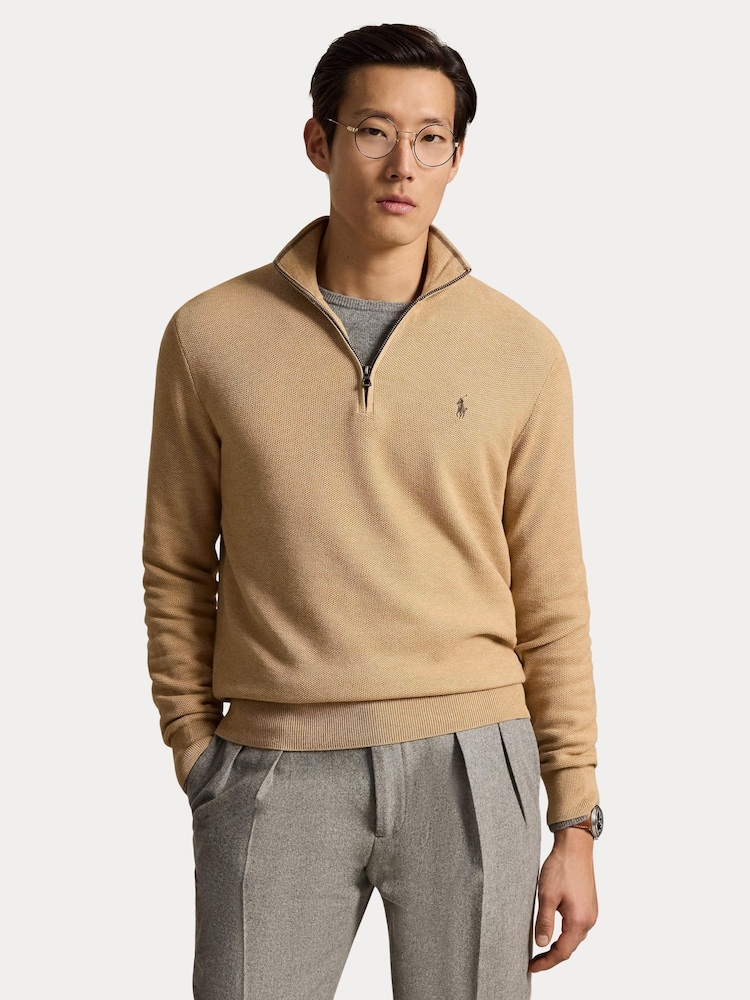 Polo Ralph Lauren Brown Mesh Knit Cotton Quarter Zip Jumper - Image 5 of 5