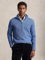 Polo Ralph Lauren Blue Mesh Knit Cotton Quarter Zip Jumper - Image 1 of 5