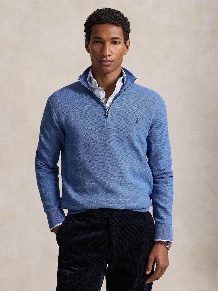 Polo Ralph Lauren Blue Mesh Knit Cotton Quarter Zip Jumper - Image 1 of 5
