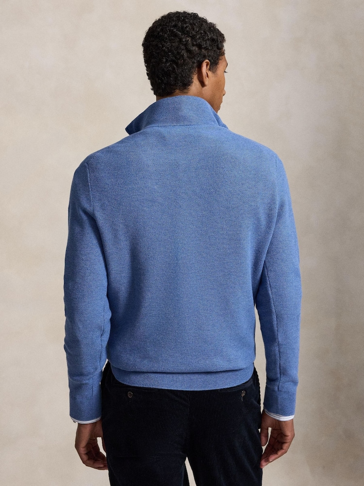 Polo Ralph Lauren Blue Mesh Knit Cotton Quarter Zip Jumper - Image 2 of 5