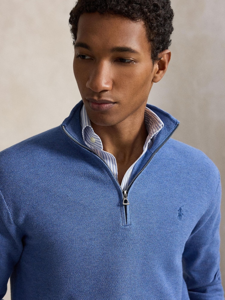 Polo Ralph Lauren Blue Mesh Knit Cotton Quarter Zip Jumper - Image 5 of 5