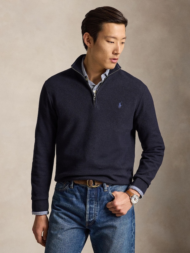 Polo Ralph Lauren Navy Blue Mesh Knit Cotton Quarter Zip Jumper - Image 1 of 6