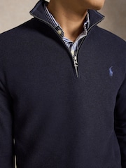 Polo Ralph Lauren Navy Blue Mesh Knit Cotton Quarter Zip Jumper - Image 4 of 6