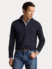 Polo Ralph Lauren Navy Blue Mesh Knit Cotton Quarter Zip Jumper - Image 5 of 6