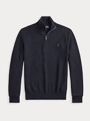 Polo Ralph Lauren Navy Blue Mesh Knit Cotton Quarter Zip Jumper - Image 6 of 6