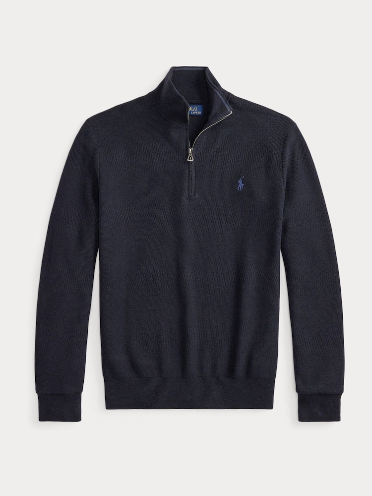Polo Ralph Lauren Navy Blue Mesh Knit Cotton Quarter Zip Jumper - Image 6 of 6
