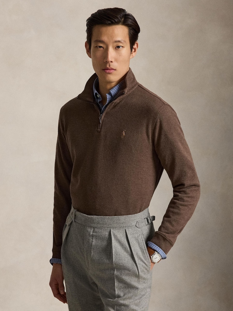 Polo Ralph Lauren Brown Knit Half Zip Pullover Sweatshirt - Image 1 of 4 Polo Ralph Lauren Brown Knit Half Zip Pullover Sweatshirt - Image 1 of 4