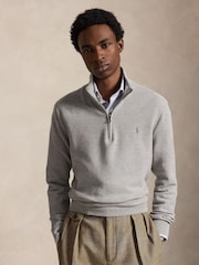 Polo Ralph Lauren Grey Mesh Knit Cotton Quarter Zip Jumper - Image 1 of 7
