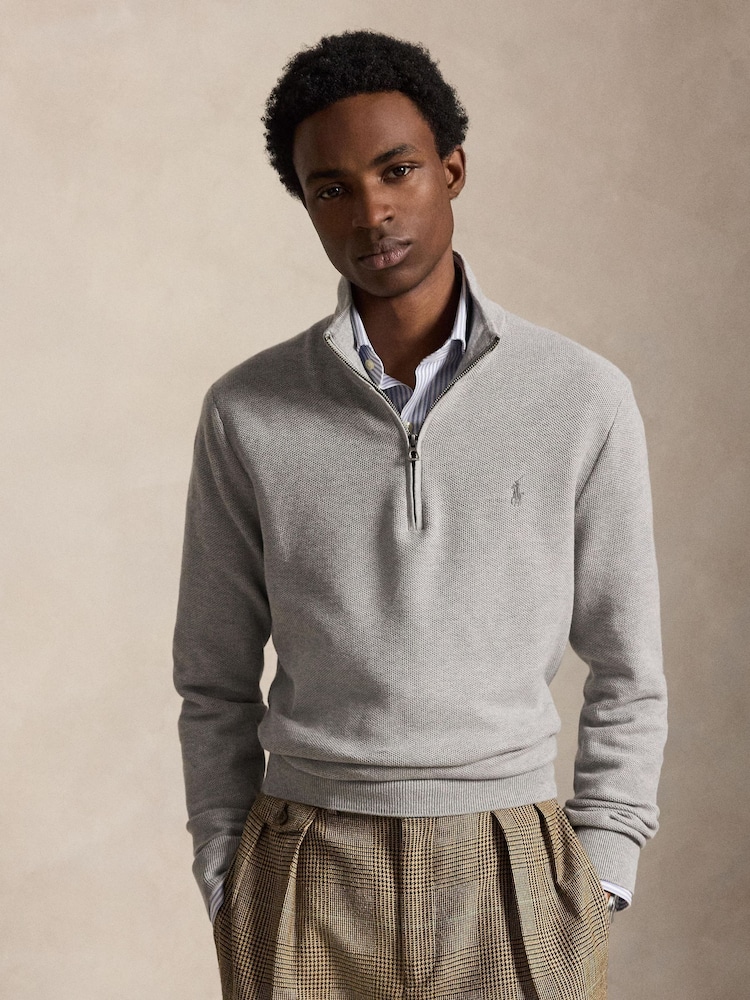 Polo Ralph Lauren Grey Mesh Knit Cotton Quarter Zip Jumper - Image 1 of 7