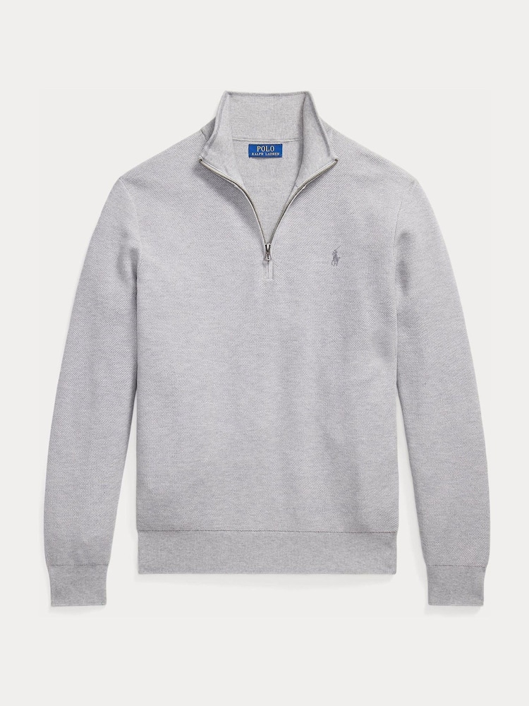 Polo Ralph Lauren Grey Mesh Knit Cotton Quarter Zip Jumper - Image 7 of 7