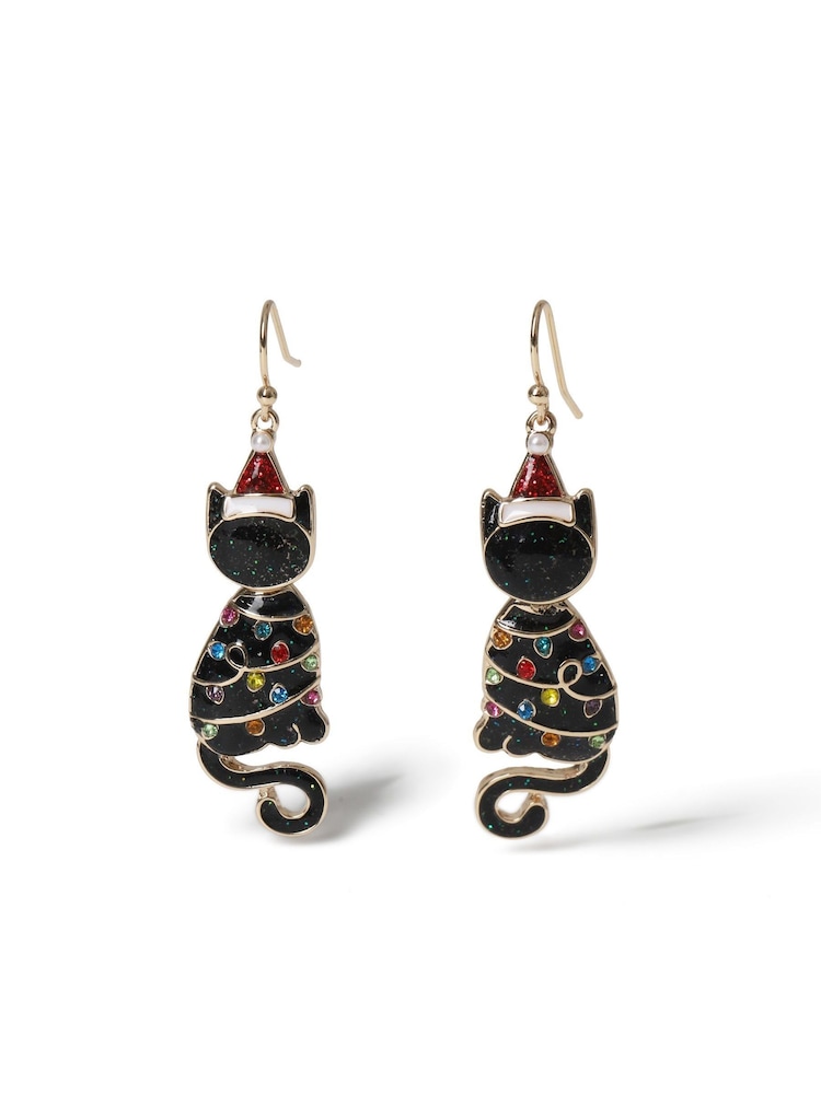 Aela Christmas Cat Drop Black Earrings - Image 2 of 3 Aela Christmas Cat Drop Black Earrings - Image 2 of 3