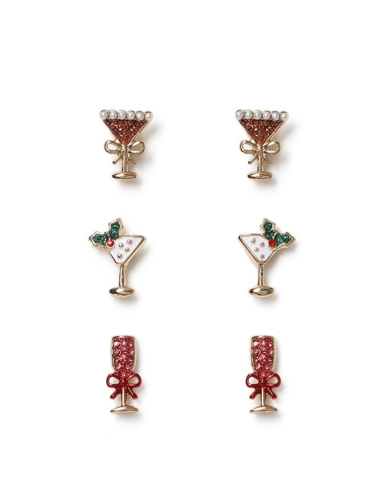 Aela Gold Tone Christmas Cocktail Stud Earrings 3 Pack - Image 2 of 3