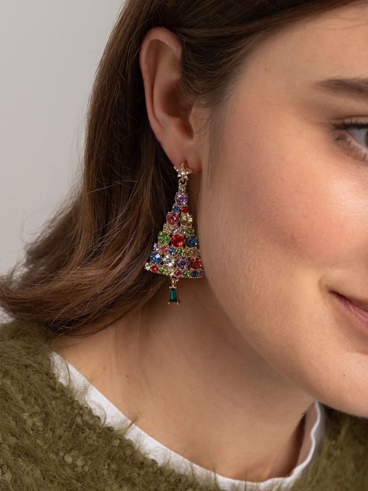 Aela Gold Tone Christmas Stone Tree Drop Earrings - Imagen 1 de 3