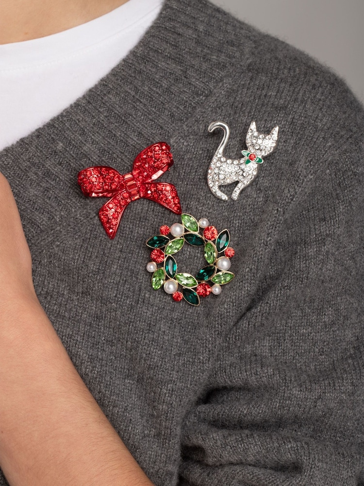 Broche de gato de Navidad Aela en tono plateado - Imagen 1 de 3
