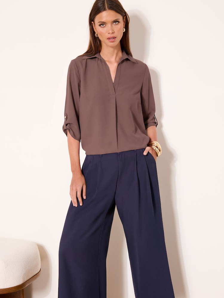 Lipsy Brown V-Neck 3/4 Sleeve Collared Blouse - Image 1 of 4 Lipsy Brown V-Neck 3/4 Sleeve Collared Blouse - Image 1 of 4