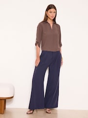 Lipsy Brown V-Neck 3/4 Sleeve Collared Blouse - Image 3 of 4