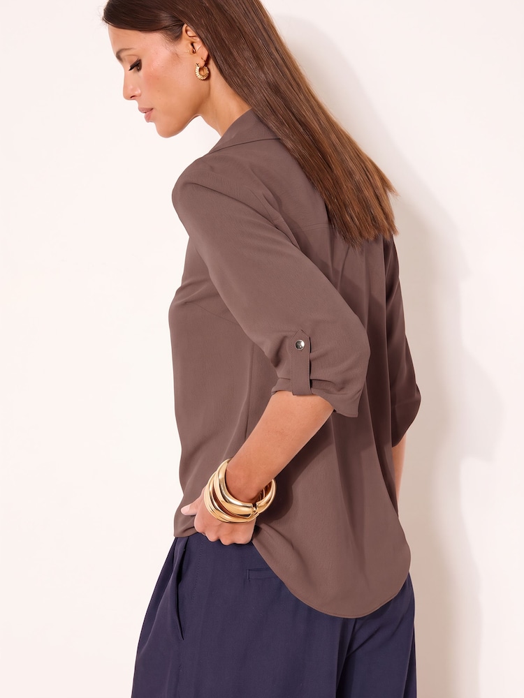 Lipsy Brown V-Neck 3/4 Sleeve Collared Blouse - Image 4 of 4 Lipsy Brown V-Neck 3/4 Sleeve Collared Blouse - Image 4 of 4
