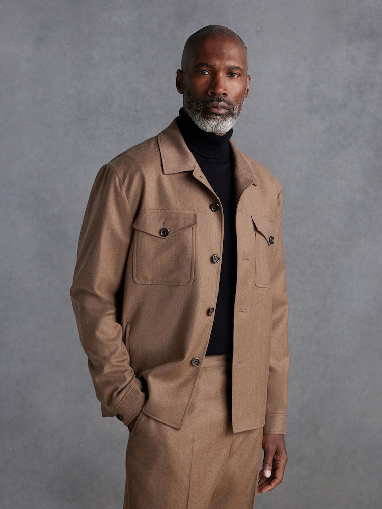 Sand Natural Slim Fit Signature Zignone Italian Wool Flannel Shacket - Image 1 of 9