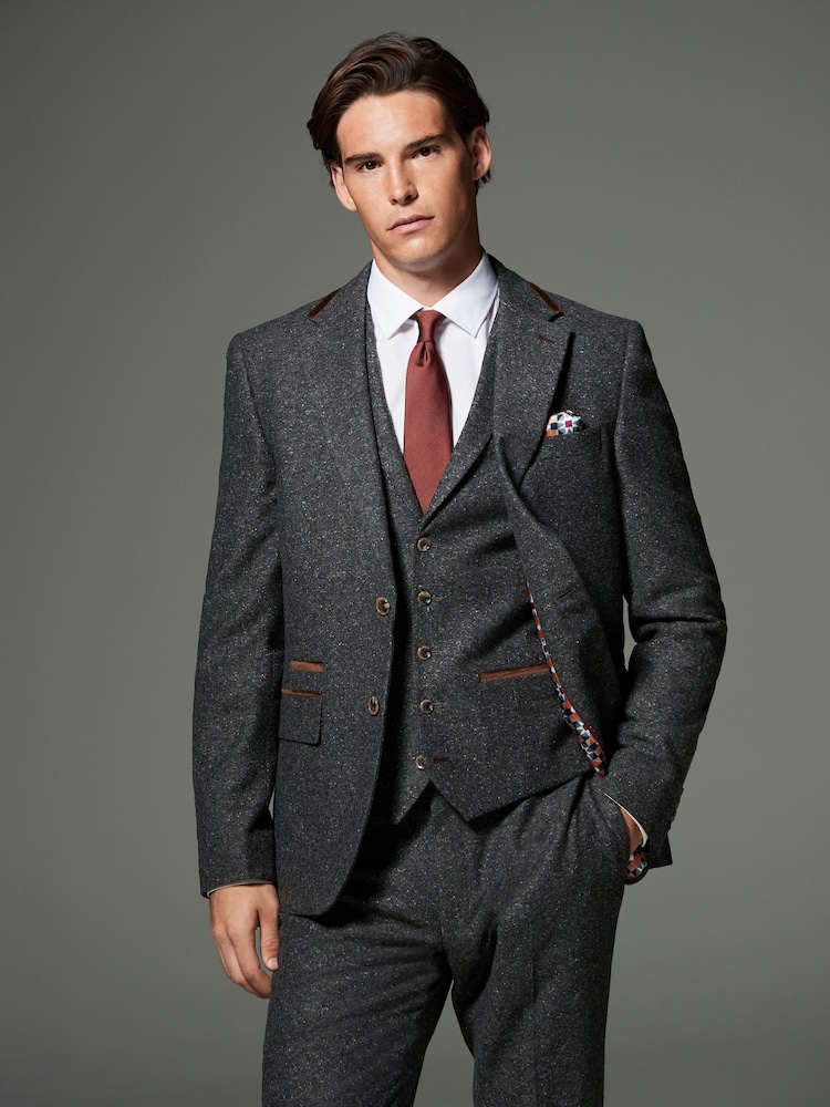 Charcoal Grey Regular Fit Trimmed Neppy Nova Fides Suit Jacket - Image 1 of 5