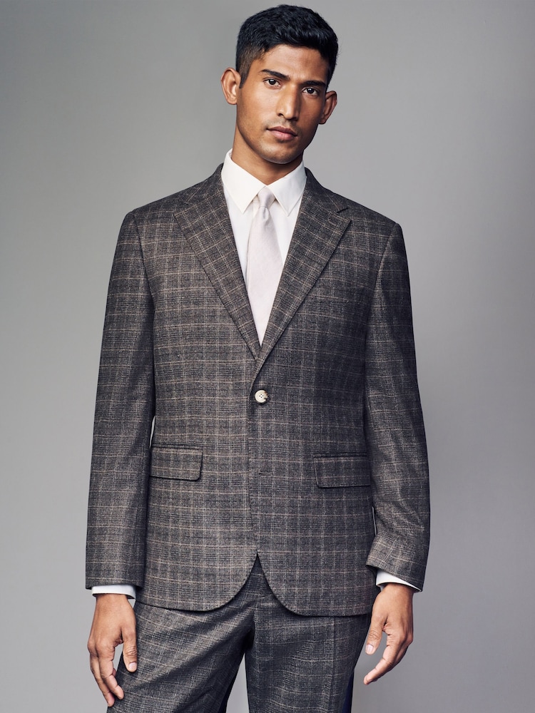 Brown Slim Fit Brushed Check Suit Jacket - Image 1 of 10