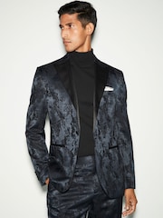 Navy Blue Slim Fit Camo Tuxedo Suit Jacket - Image 1 of 9