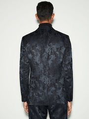 Navy Blue Slim Fit Camo Tuxedo Suit Jacket - Image 2 of 9