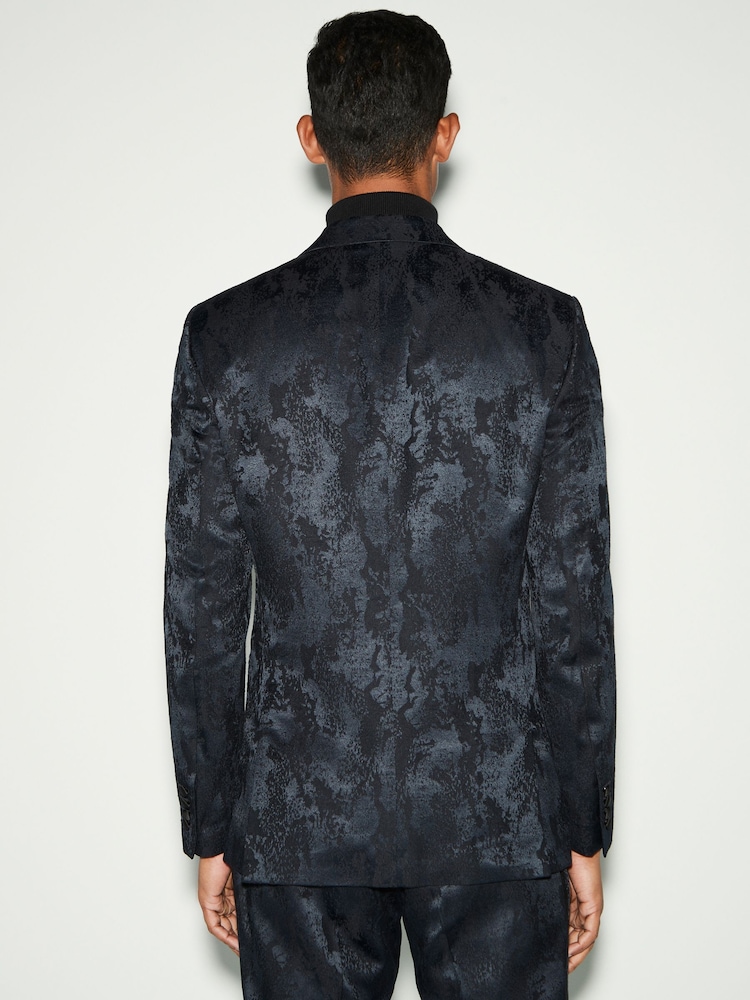 Navy Blue Slim Fit Camo Tuxedo Suit Jacket - Image 2 of 9
