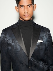 Navy Blue Slim Fit Camo Tuxedo Suit Jacket - Image 3 of 9