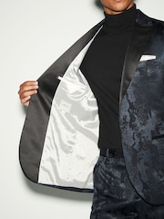 Navy Blue Slim Fit Camo Tuxedo Suit Jacket - Image 4 of 9
