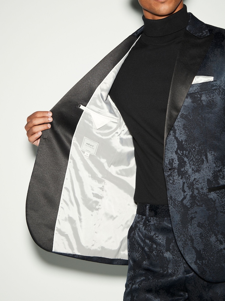 Navy Blue Slim Fit Camo Tuxedo Suit Jacket - Image 4 of 9