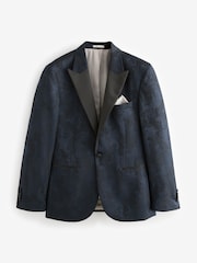 Navy Blue Slim Fit Camo Tuxedo Suit Jacket - Image 6 of 9