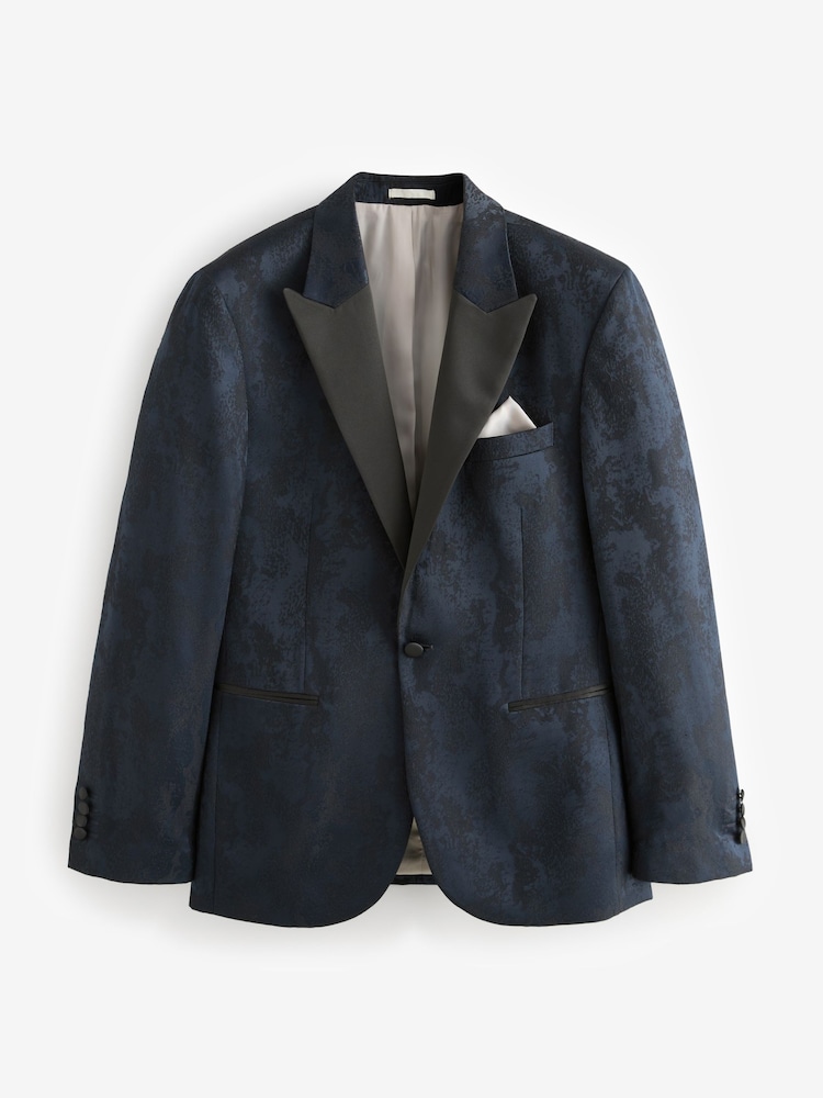 Navy Blue Slim Fit Camo Tuxedo Suit Jacket - Image 6 of 9