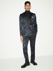 Navy Blue Slim Fit Camo Tuxedo Suit Trousers - Image 2 of 10