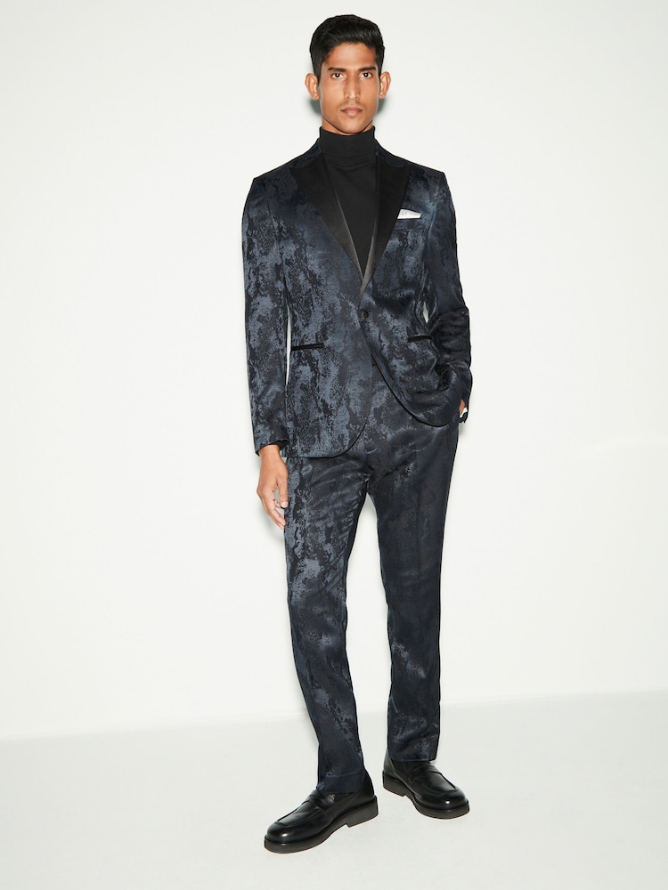 Navy Blue Slim Fit Camo Tuxedo Suit Trousers - Image 2 of 10 Navy Blue Slim Fit Camo Tuxedo Suit Trousers - Image 2 of 10