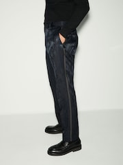 Navy Blue Slim Fit Camo Tuxedo Suit Trousers - Image 4 of 10