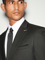 Black Trimmed Textured Self Lapel Tuxedo Suit Jacket - Image 4 of 11