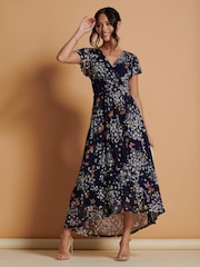 Jolie Moi Blue Mesh V-Neck Maxi Dress - Image 1 of 6
