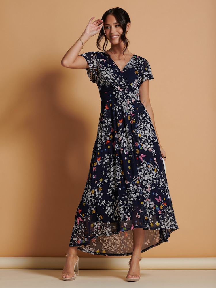 Jolie Moi Blue Mesh V-Neck Maxi Dress - Image 1 of 6