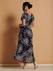 Jolie Moi Blue Mesh V-Neck Maxi Dress - Image 2 of 6