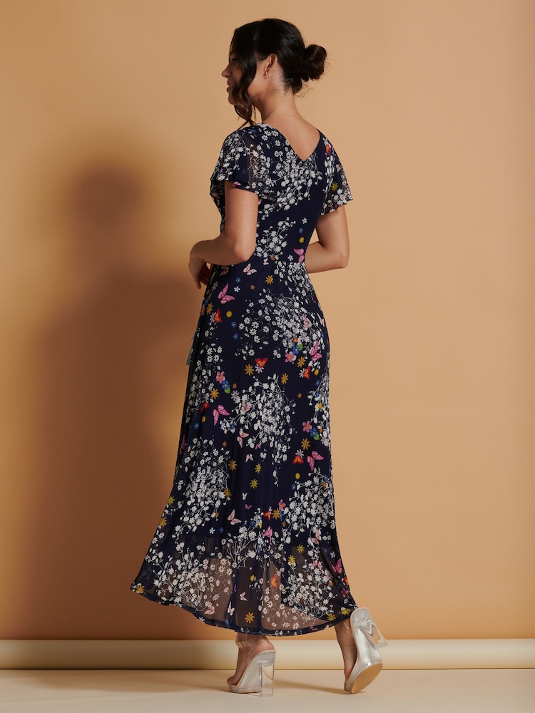 Jolie Moi Blue Mesh V-Neck Maxi Dress - Image 2 of 6