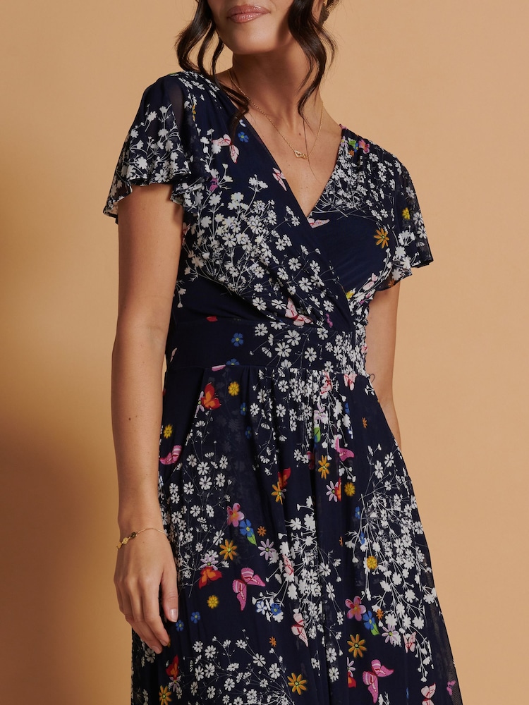Jolie Moi Blue Mesh V-Neck Maxi Dress - Image 6 of 6