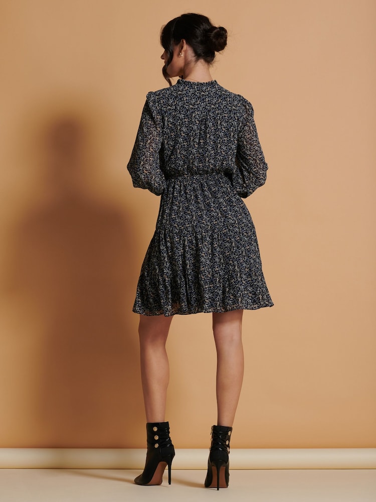 Jolie Moi Blue Ditsy Print Chiffon Smock Dress - Image 2 of 6