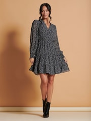 Jolie Moi Blue Ditsy Print Chiffon Smock Dress - Image 3 of 6